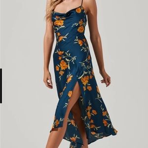 ASTR Gaia Floral Midi Dress - L - Dark Teal Gold Floral
